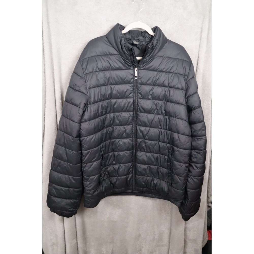 True Religion Mens Black Quilted Puffer Jacket Full Zip Lightweight 2XL 104941